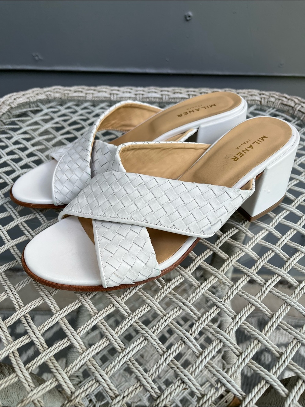 Milaner Italia White Leather Woven Leather Cross Strap Design 3 In Block Heel 39
